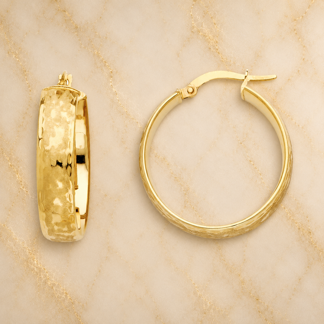 14K Yellow Gold Hammered Hallow Hoop Earrings